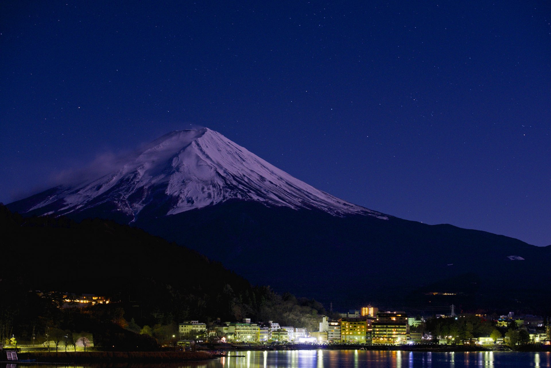 japan mountain fuji sky lake night light