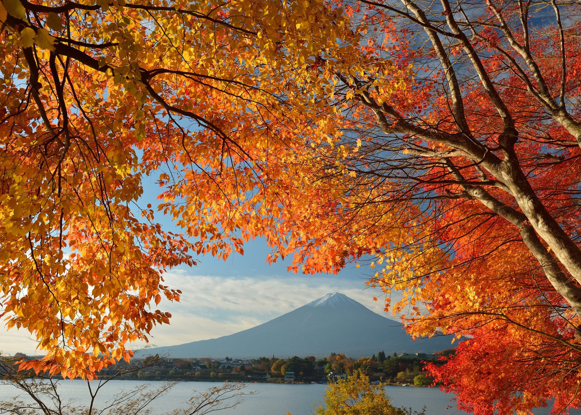 japonia góra fujiyama niebo dom jezioro drzewa liście jesień