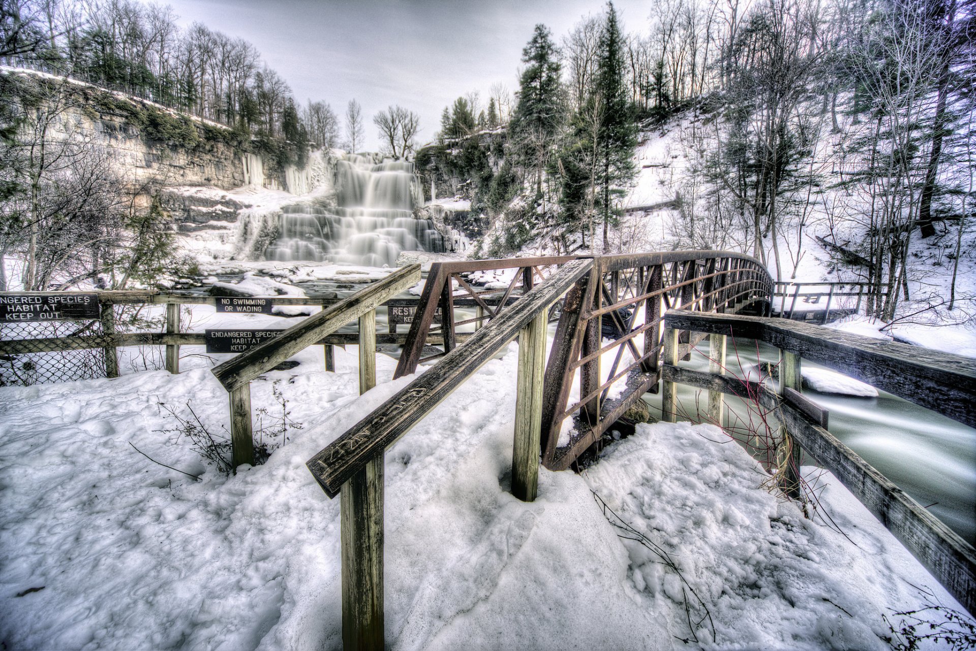 chittenango falls state park état de new york états-unis cascade montagnes roches hiver neige pont arbres