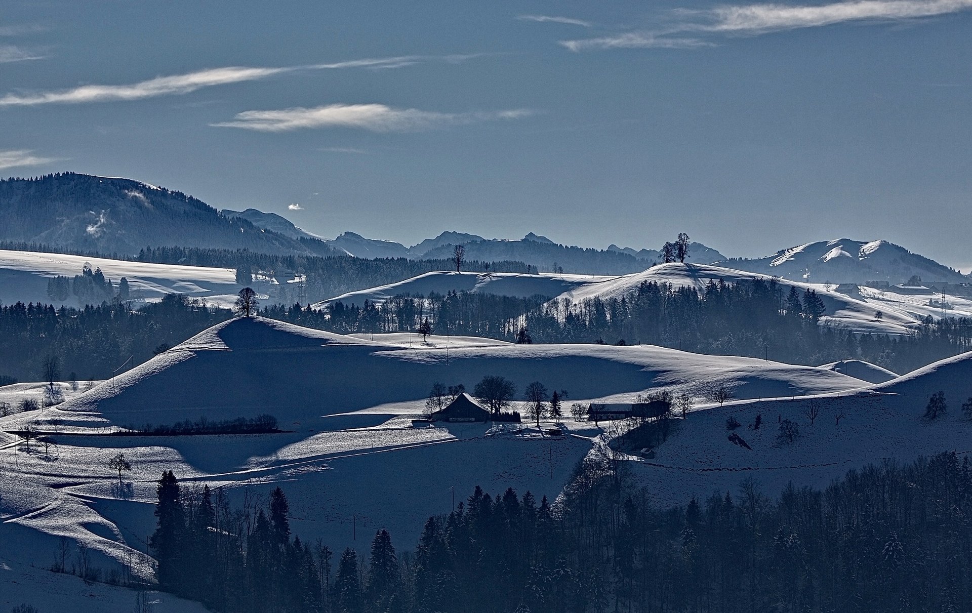 cielo montagne inverno alberi neve casa