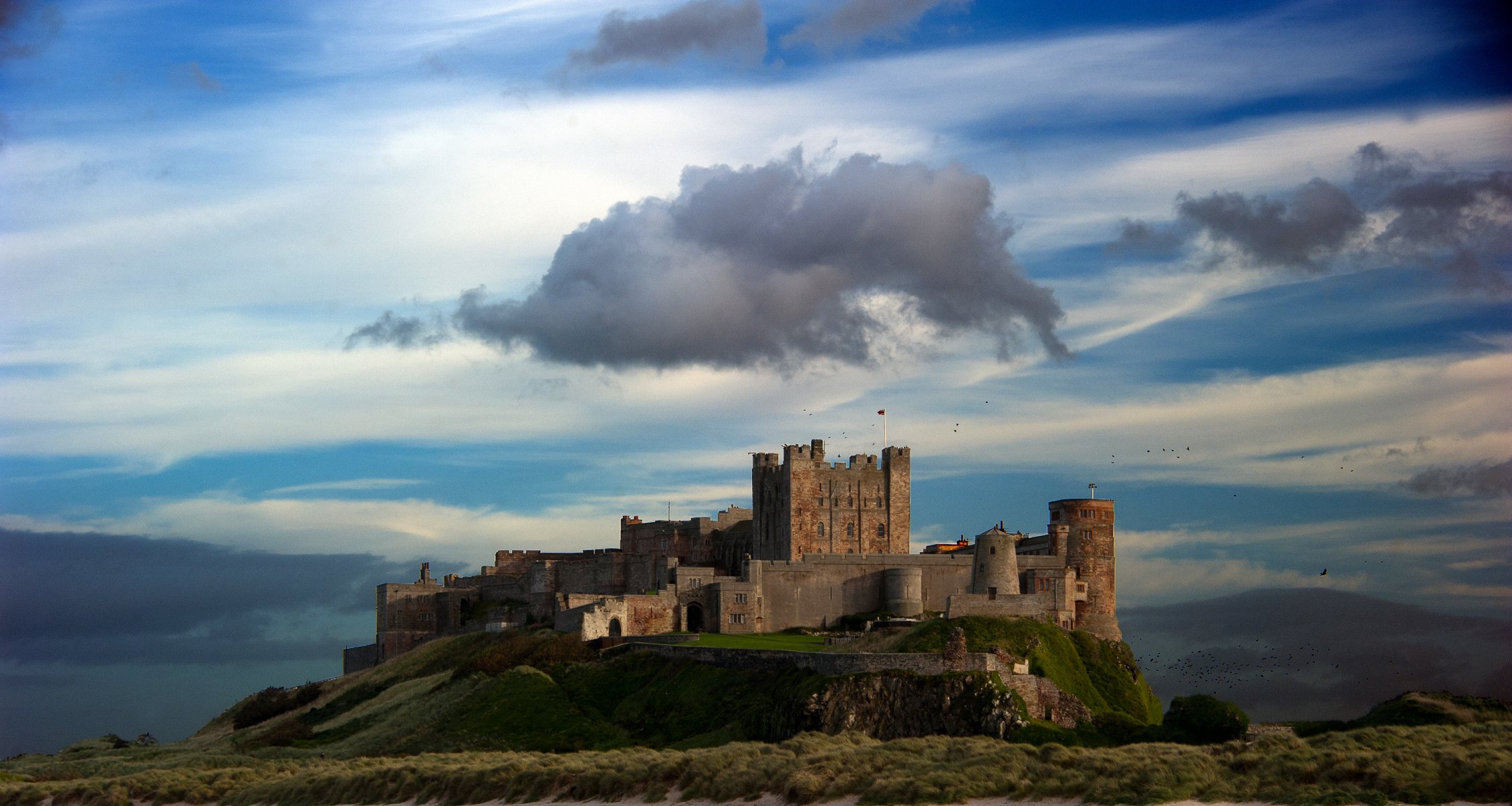 ky clouds lake mountain hill castle wall tower bird