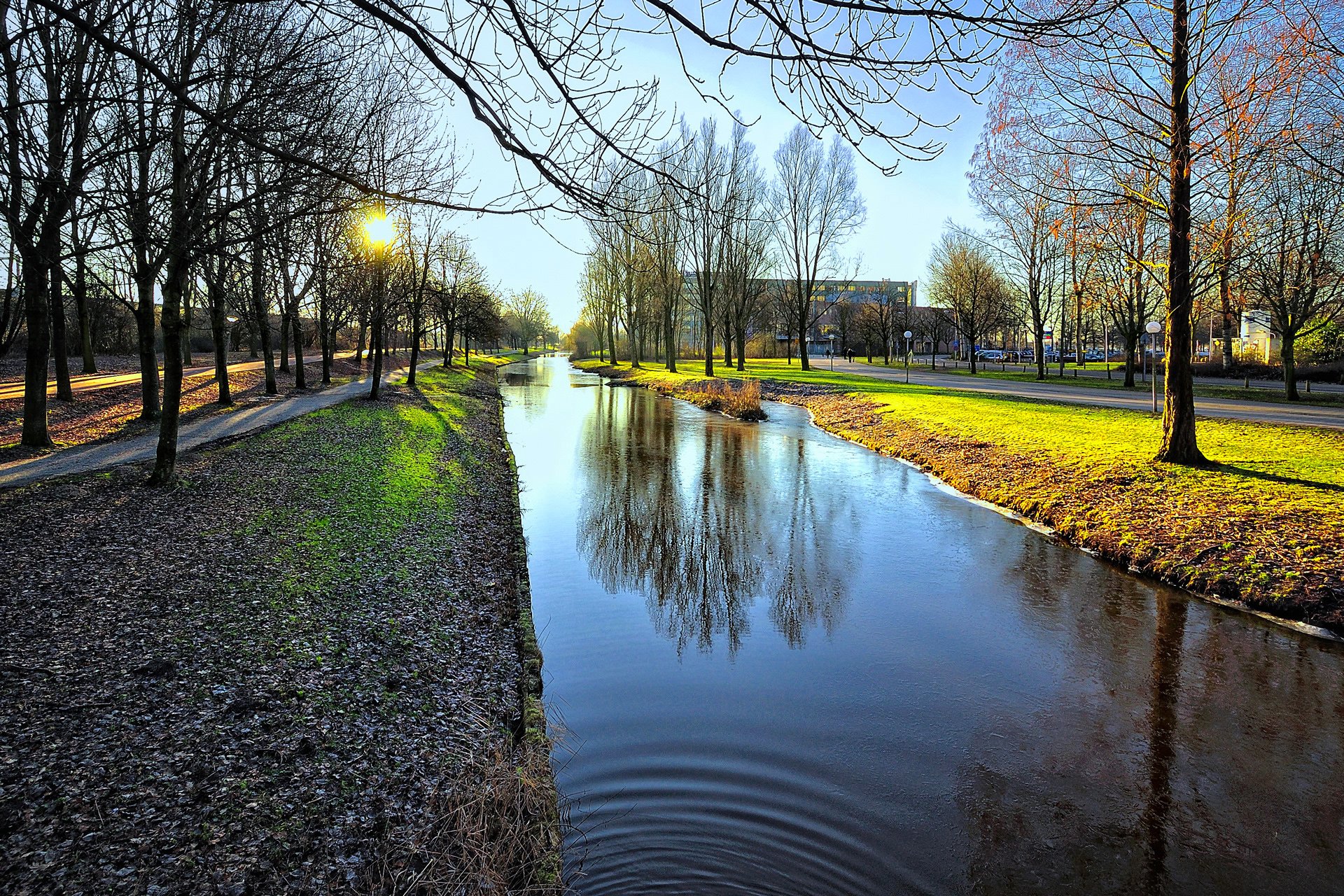 amsterdam pays-bas maisons canal ville arbres réflexion soleil coucher de soleil