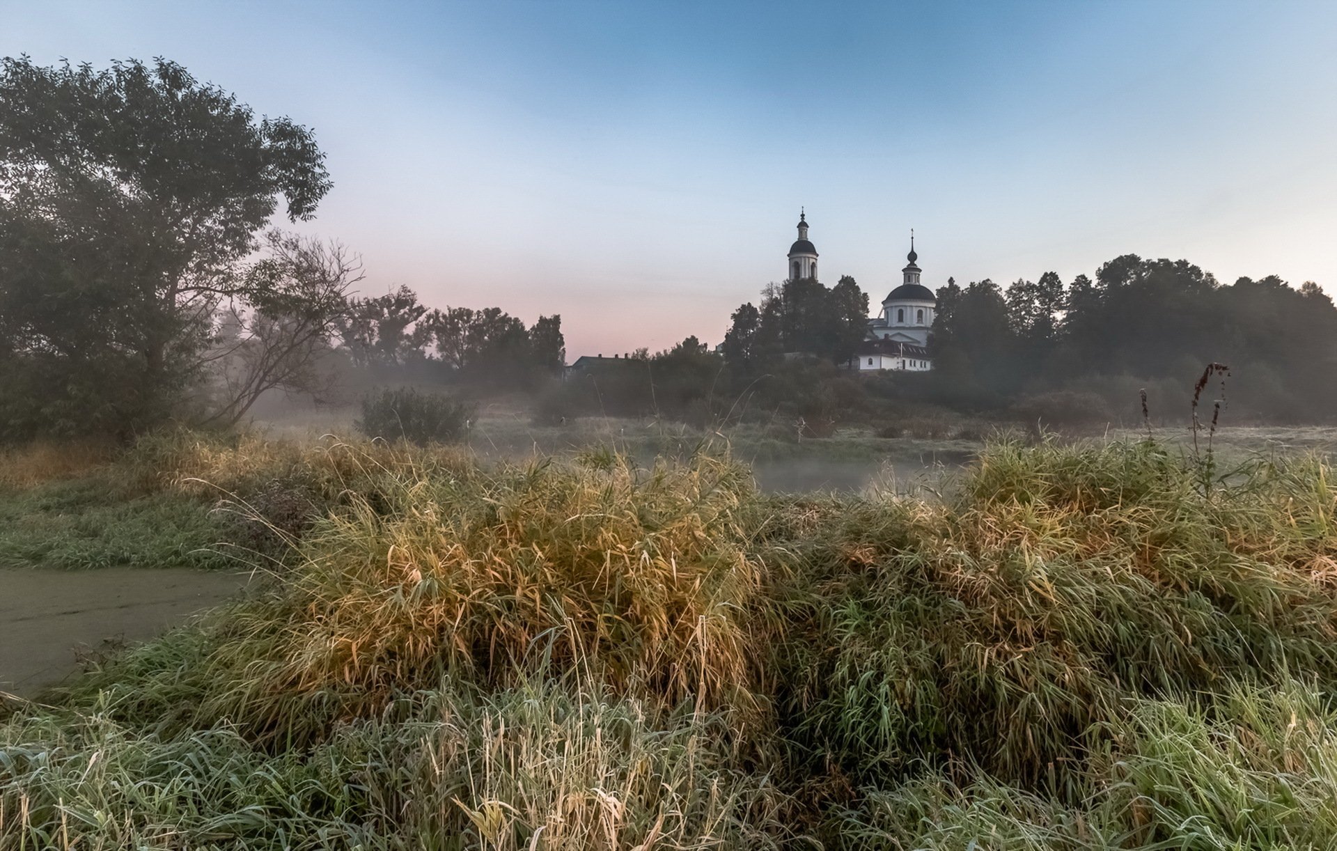 the field fog temple landscape