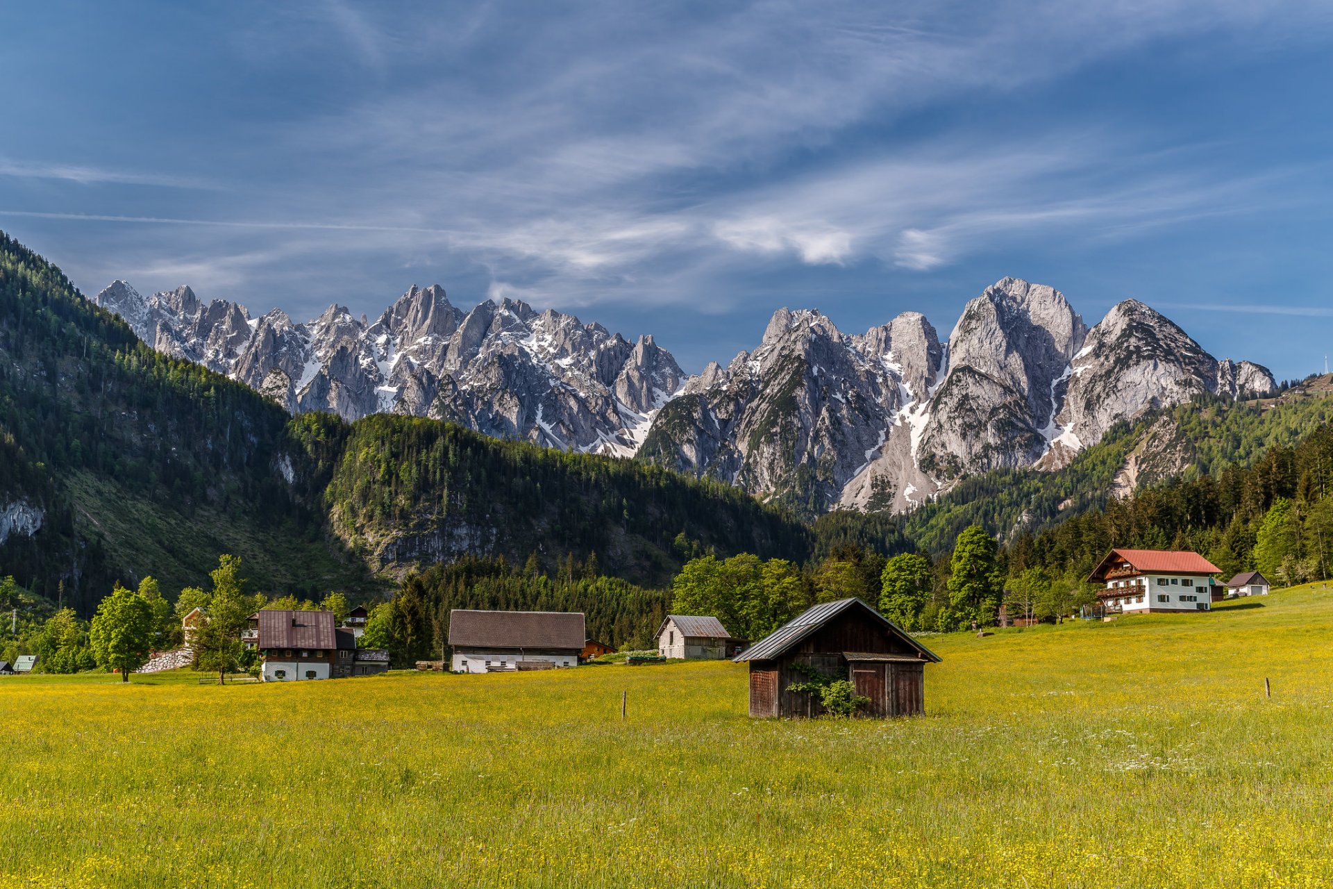 alps austria mountain village houses house valley meadow