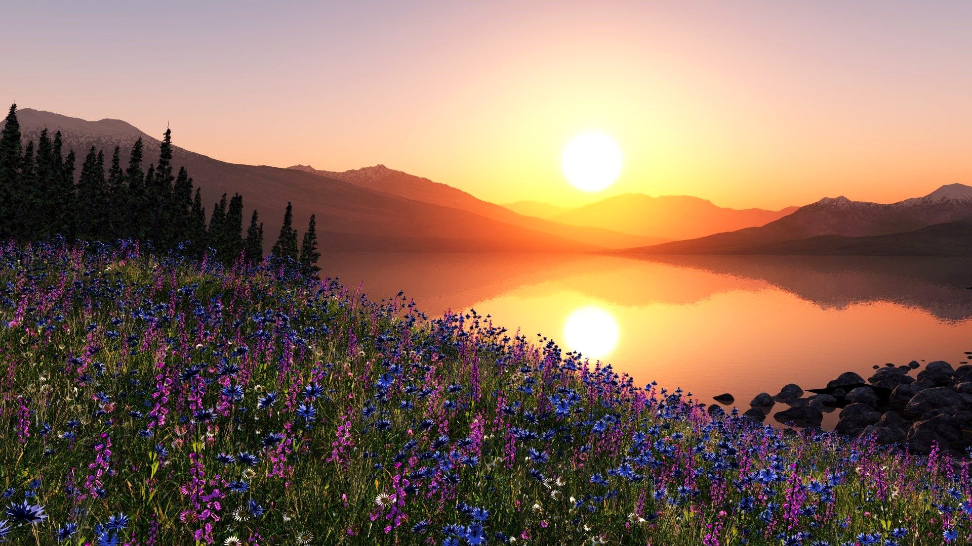 himmel sonne sonnenuntergang berge bäume hang wiese blumen