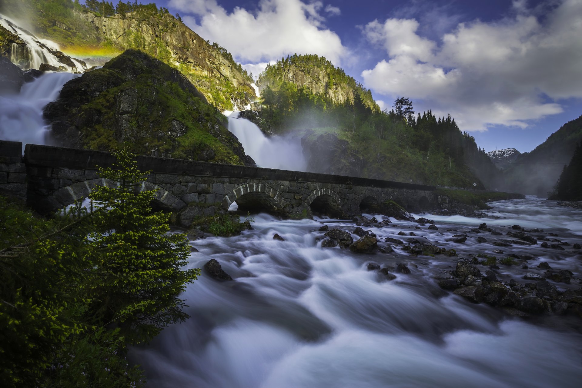 lotefoss odda norway waterfall cascade river bridge rocks mountains stone