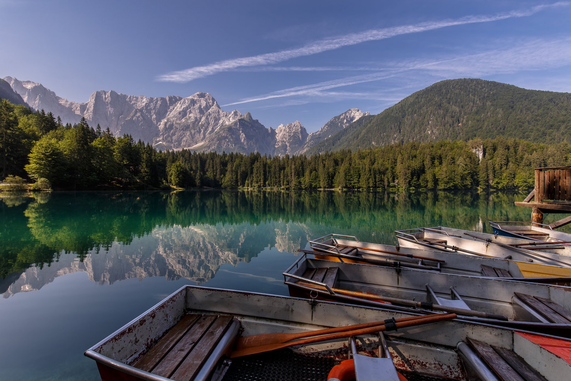 laghi di fusin fusine lakes tarvisio italy alps lake fusina lake mountain reflection forest boat