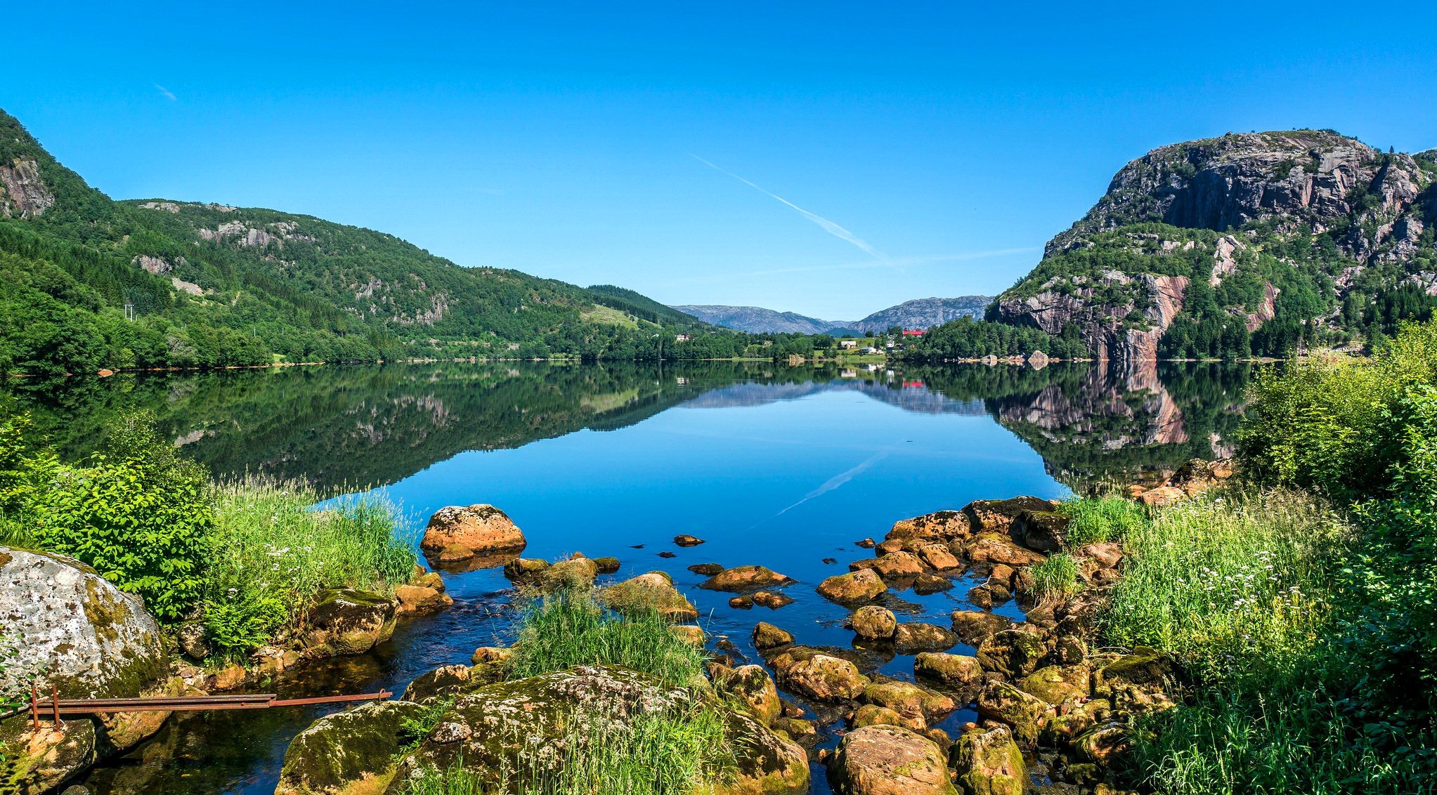 himmel berge see steine haus