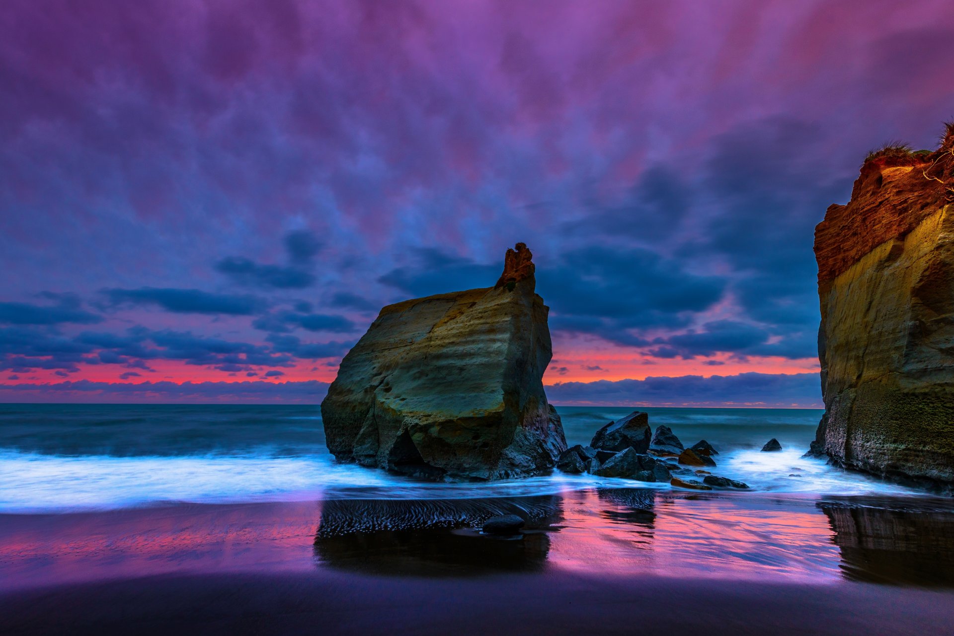 waipipi spiaggia taranaki nuova zelanda mare di tasman mar di tasman mare rocce tramonto