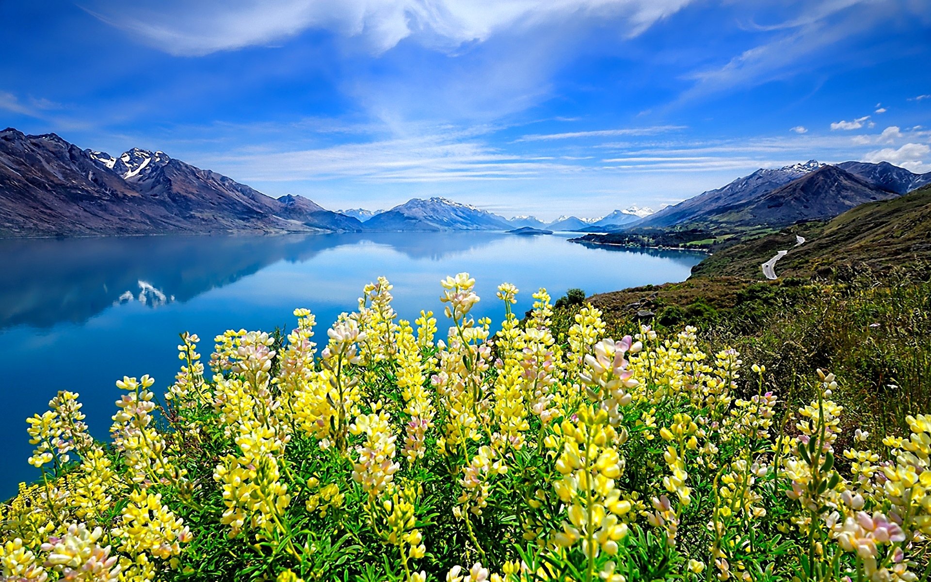 himmel wolken berge see blumen