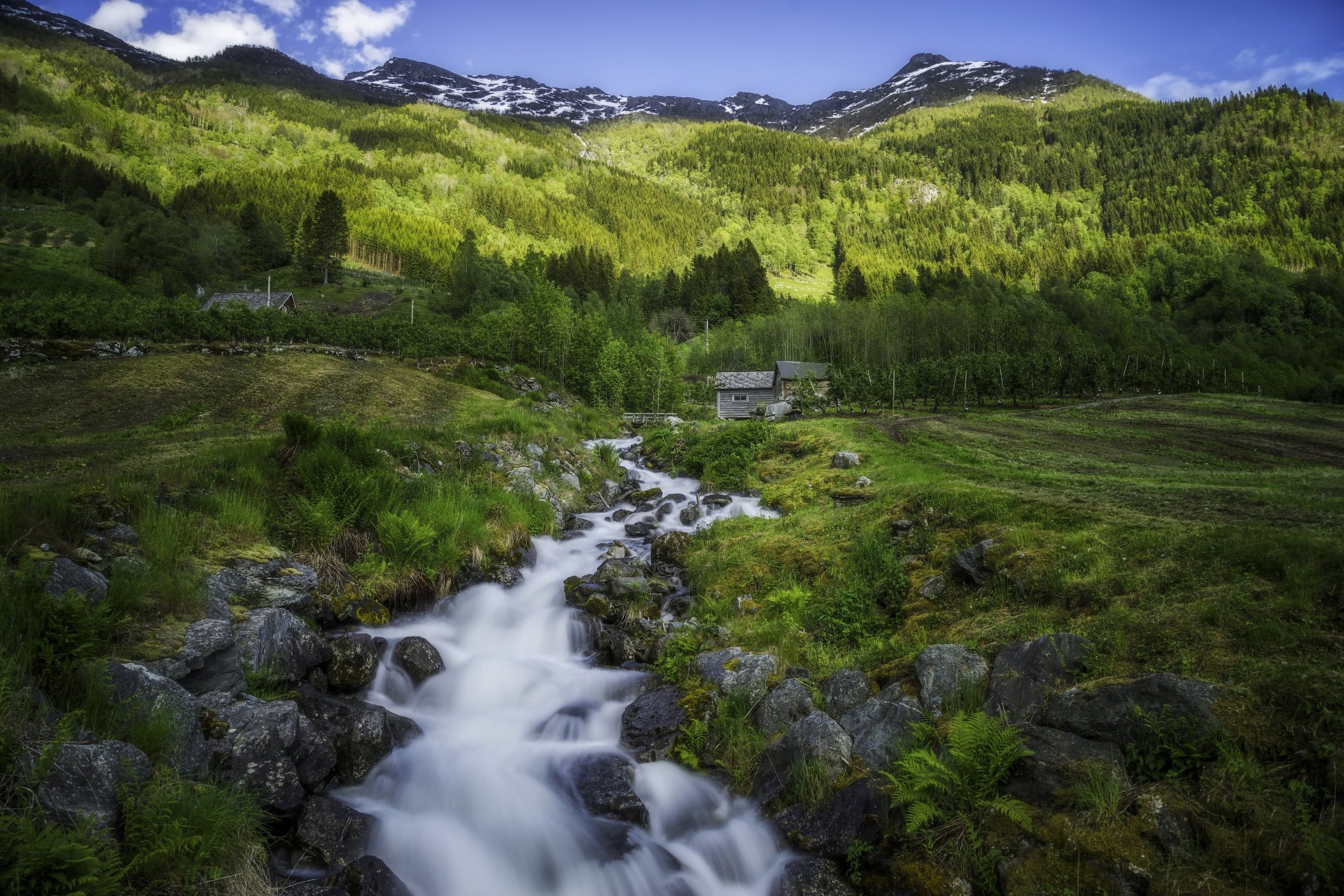 hardanger odda norway hardangervidda village stream mountains huts fields tree