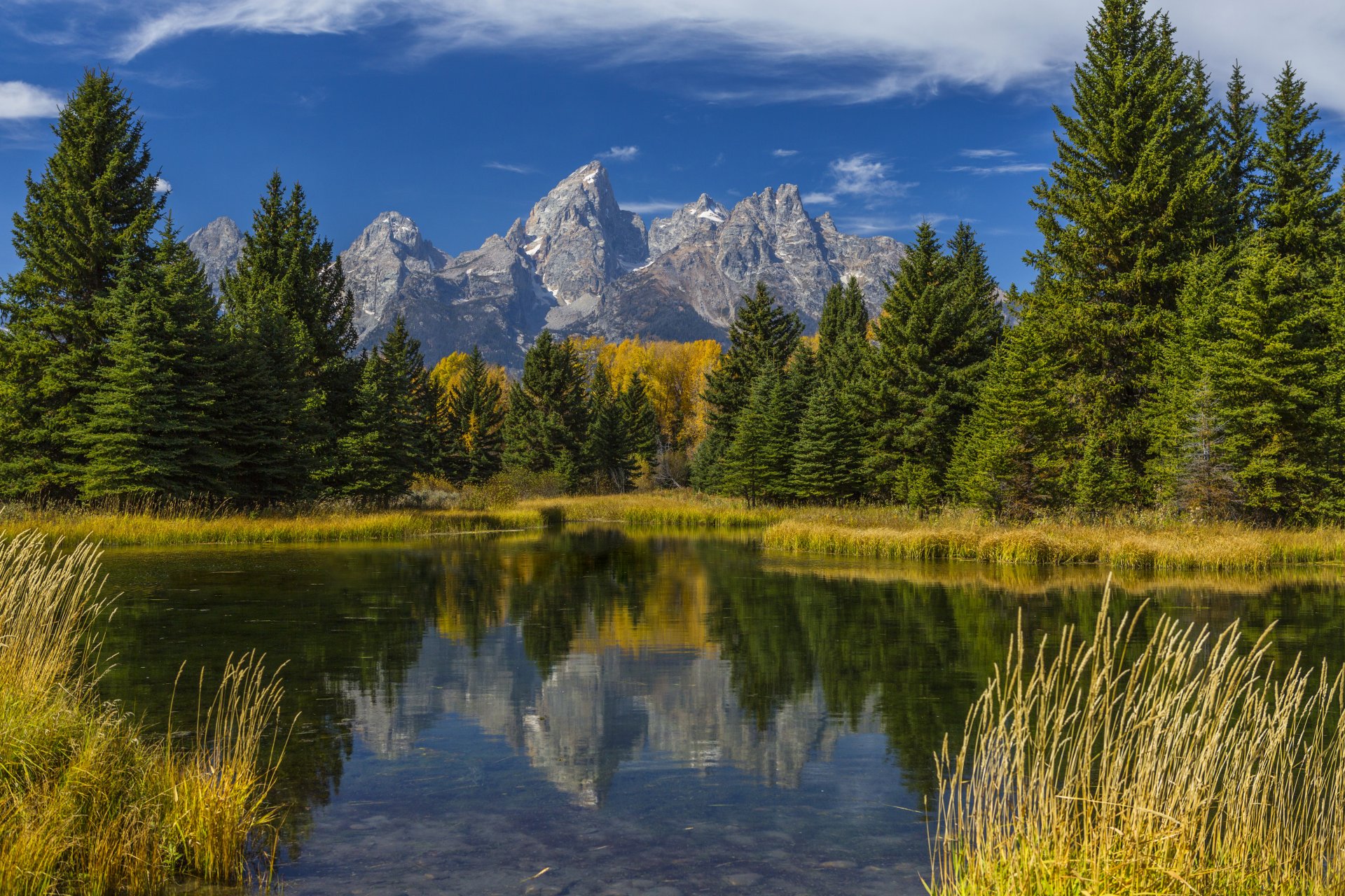 états-unis grand teton wyoming forêt montagnes lac réflexion herbe arbres automne