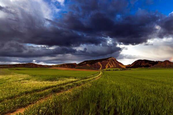 Paisaje de campo verde con el camino en el fondo de las montañas bajas y el cielo sombrío