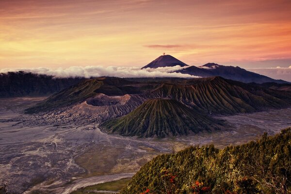 Beautiful volcano in Indonesia under the clouds