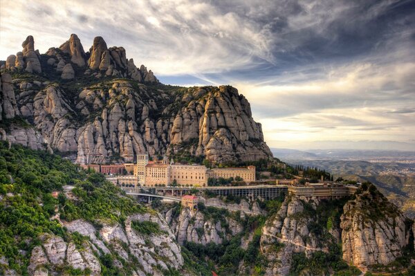 Monastery in Barcelona against the backdrop of mountains