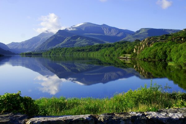 Riflessione di montagne e foreste nel lago