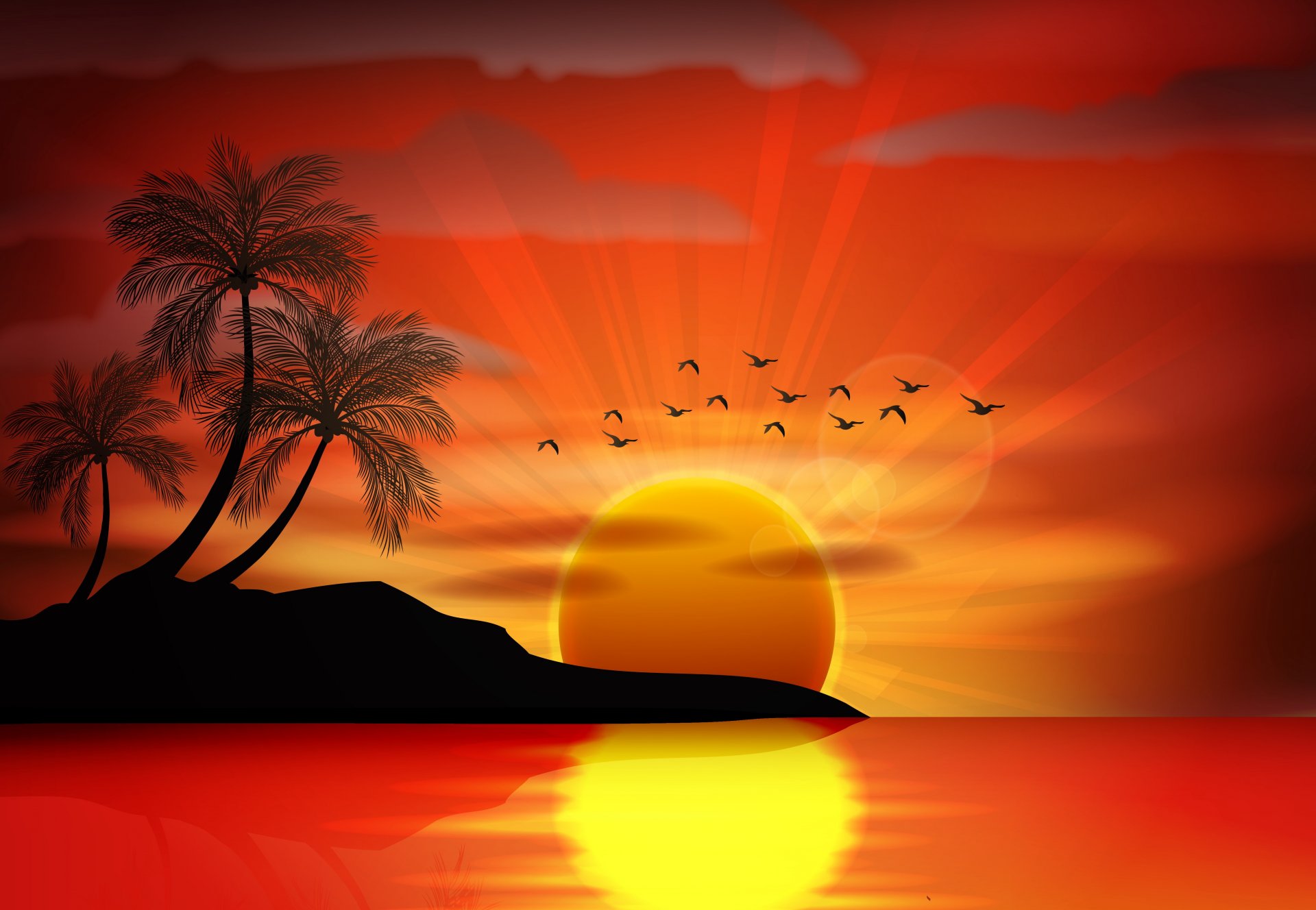 vector sunset sea paradise tropical island palm trees silhouette bird