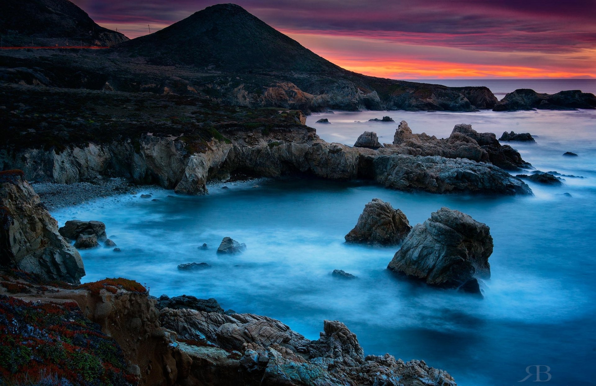 dawn mountain rock stones sea landscape