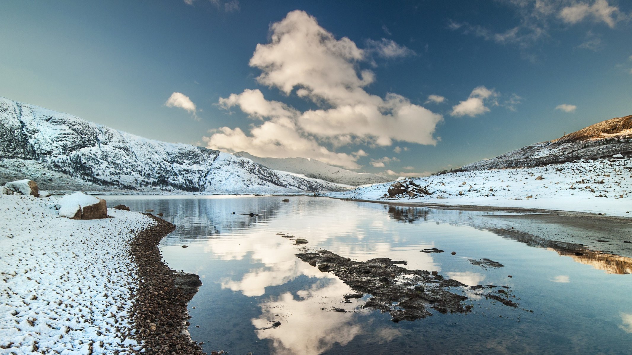 mountain snow river water sky cloud