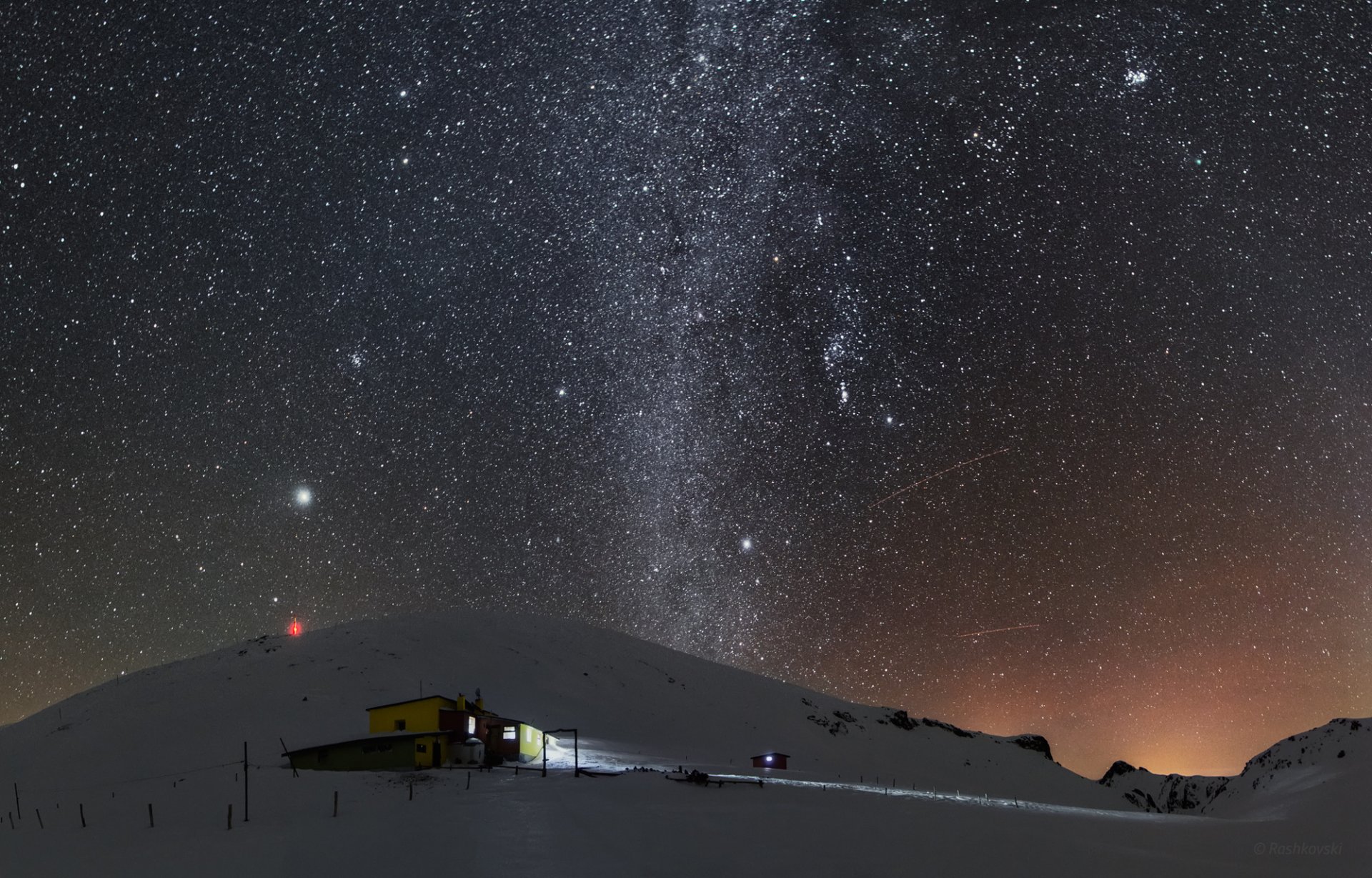 winter snow mountain weather station night sky star