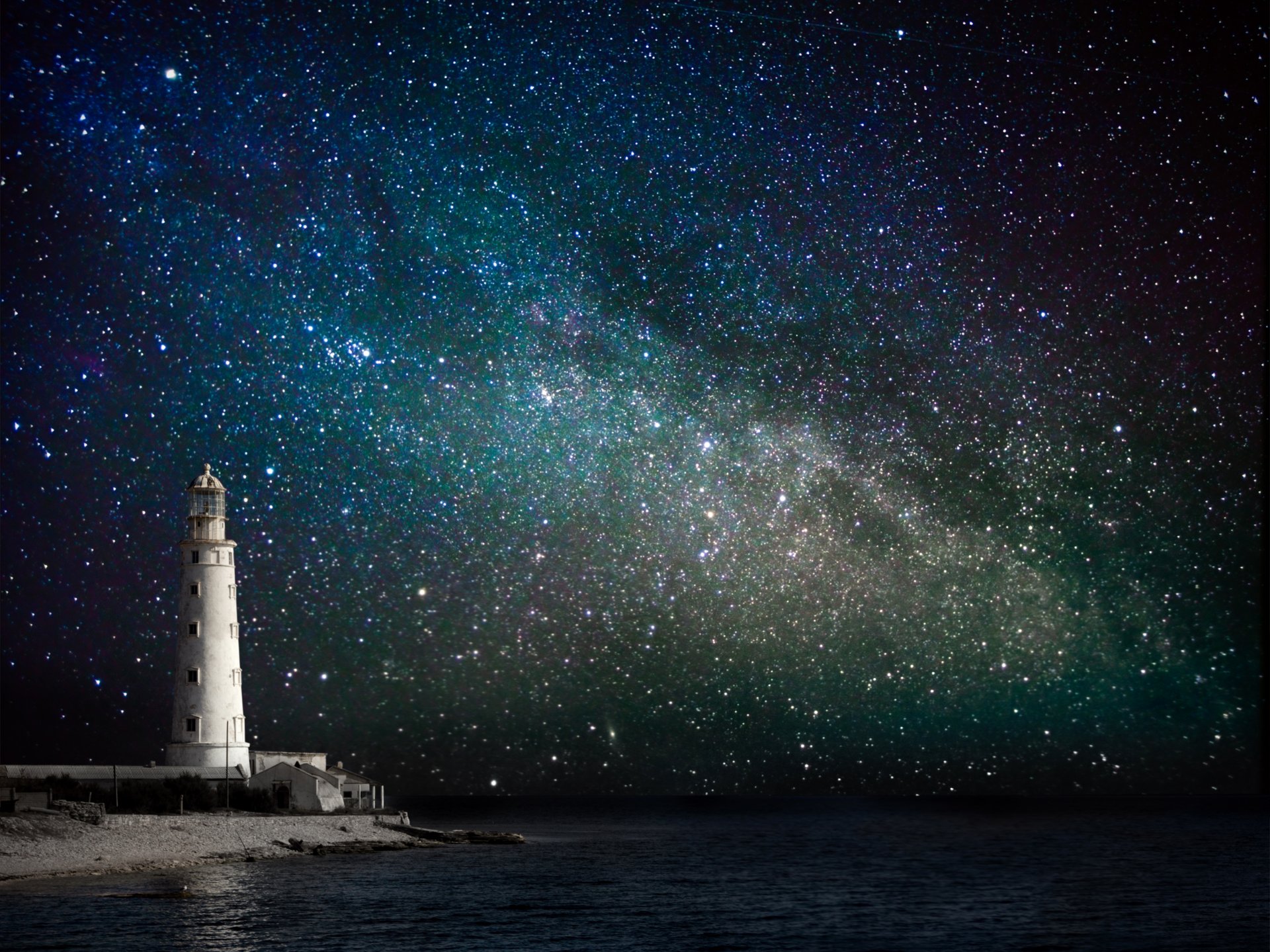 mer côte phare nuit ciel étoiles voie lactée