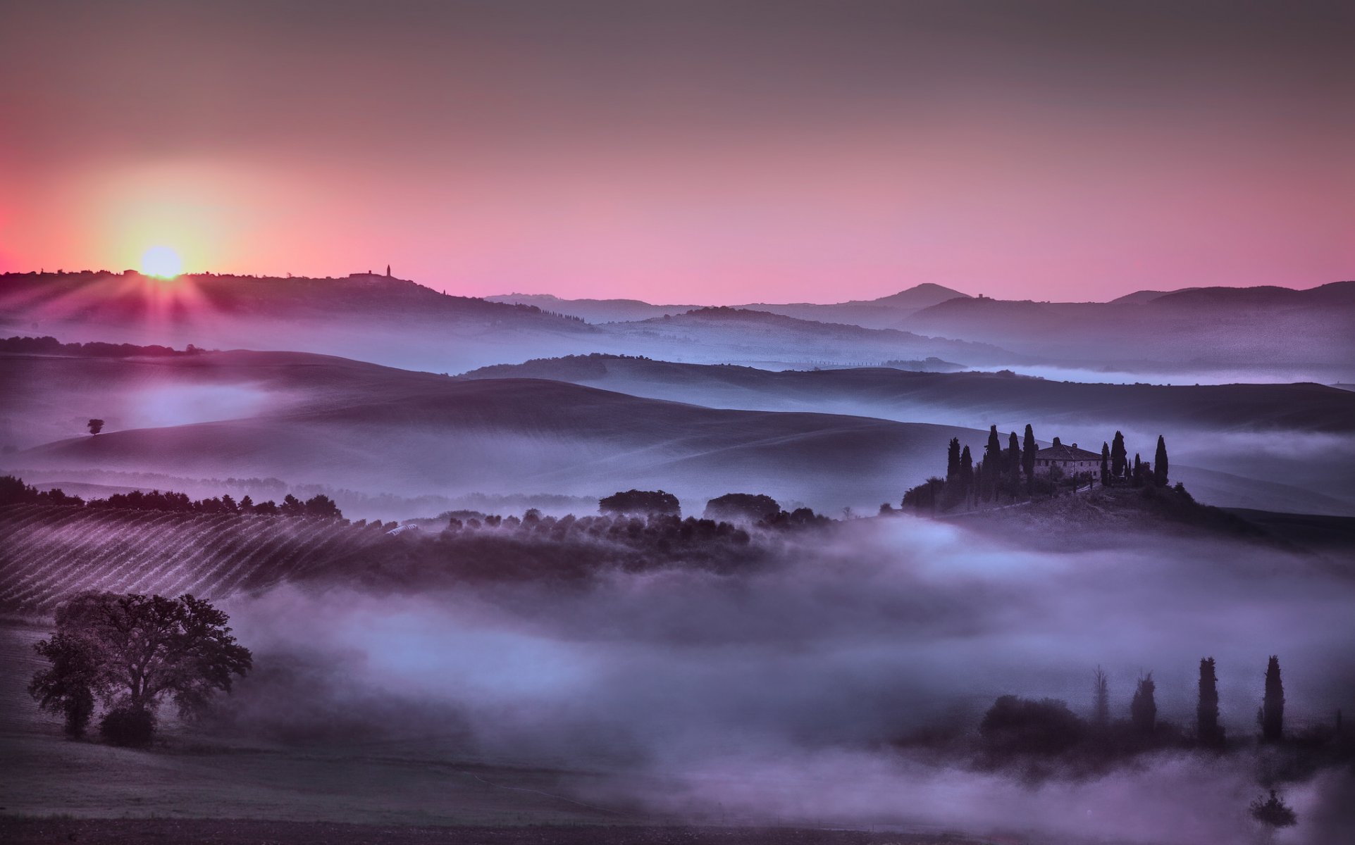 italia colinas cielo sol niebla árboles campos casa