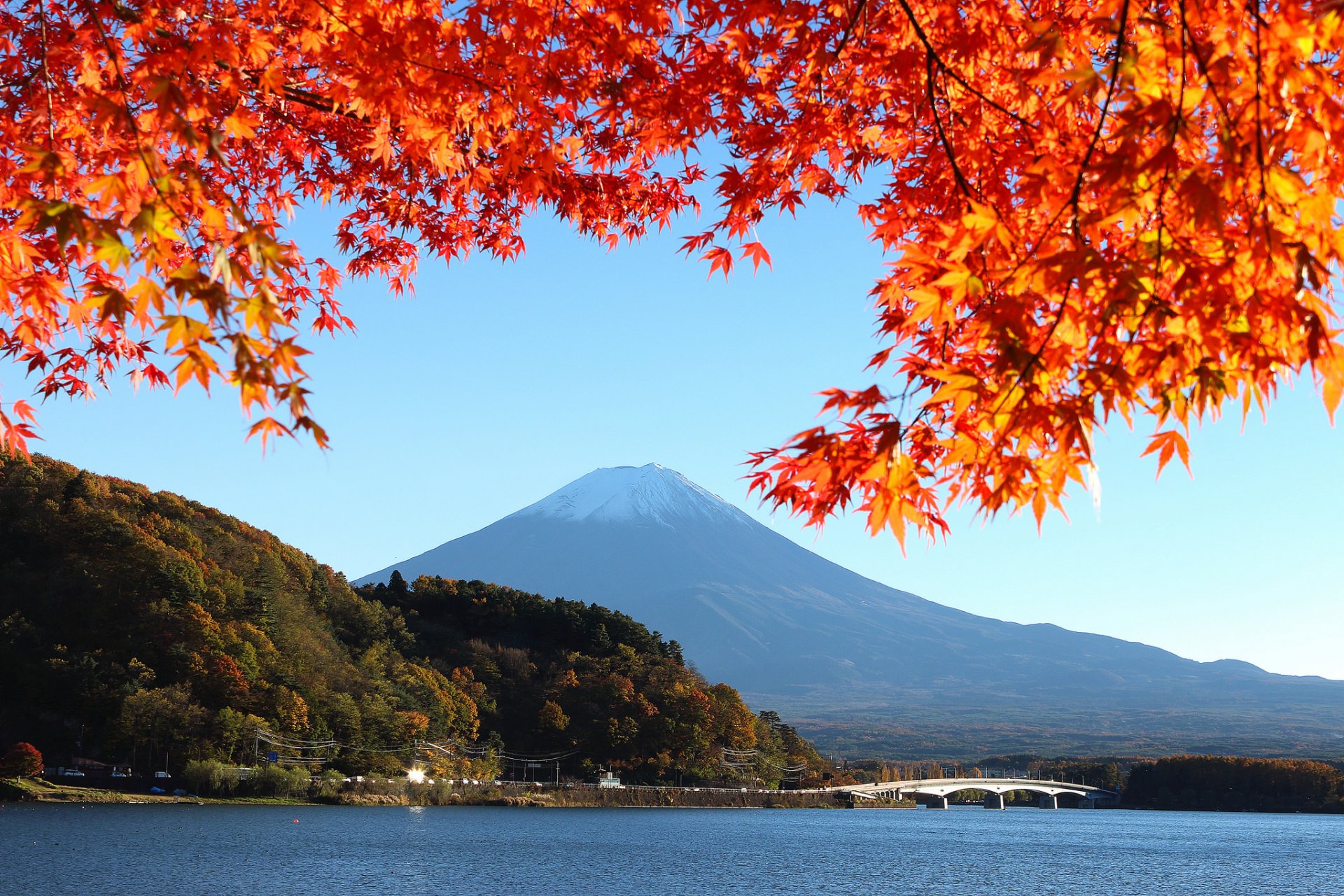 japan fujiyama himmel see bäume blätter herbst brücke