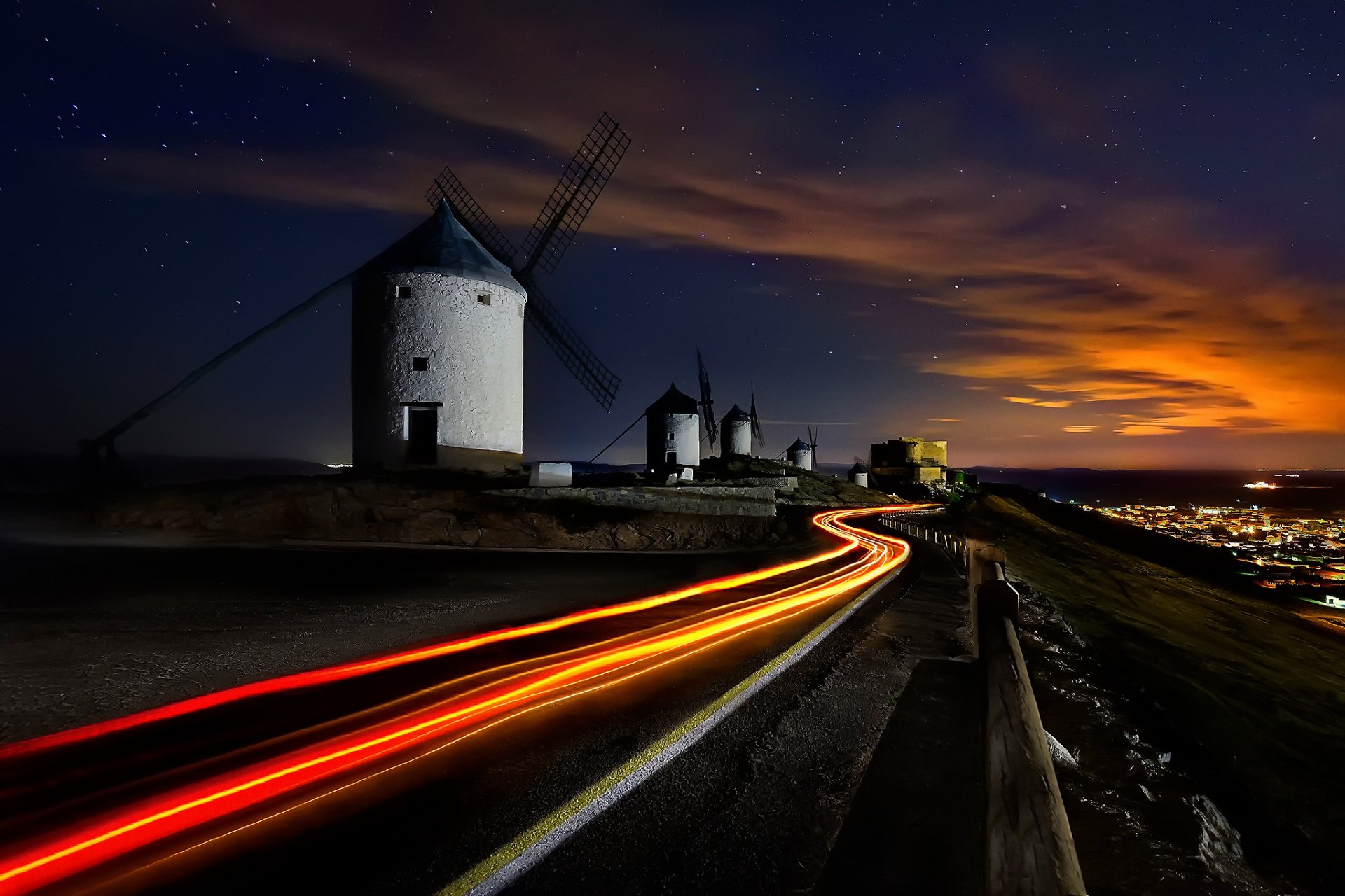 espagne moulins à vent nuit ciel étoiles éclaboussures route lumière exposition