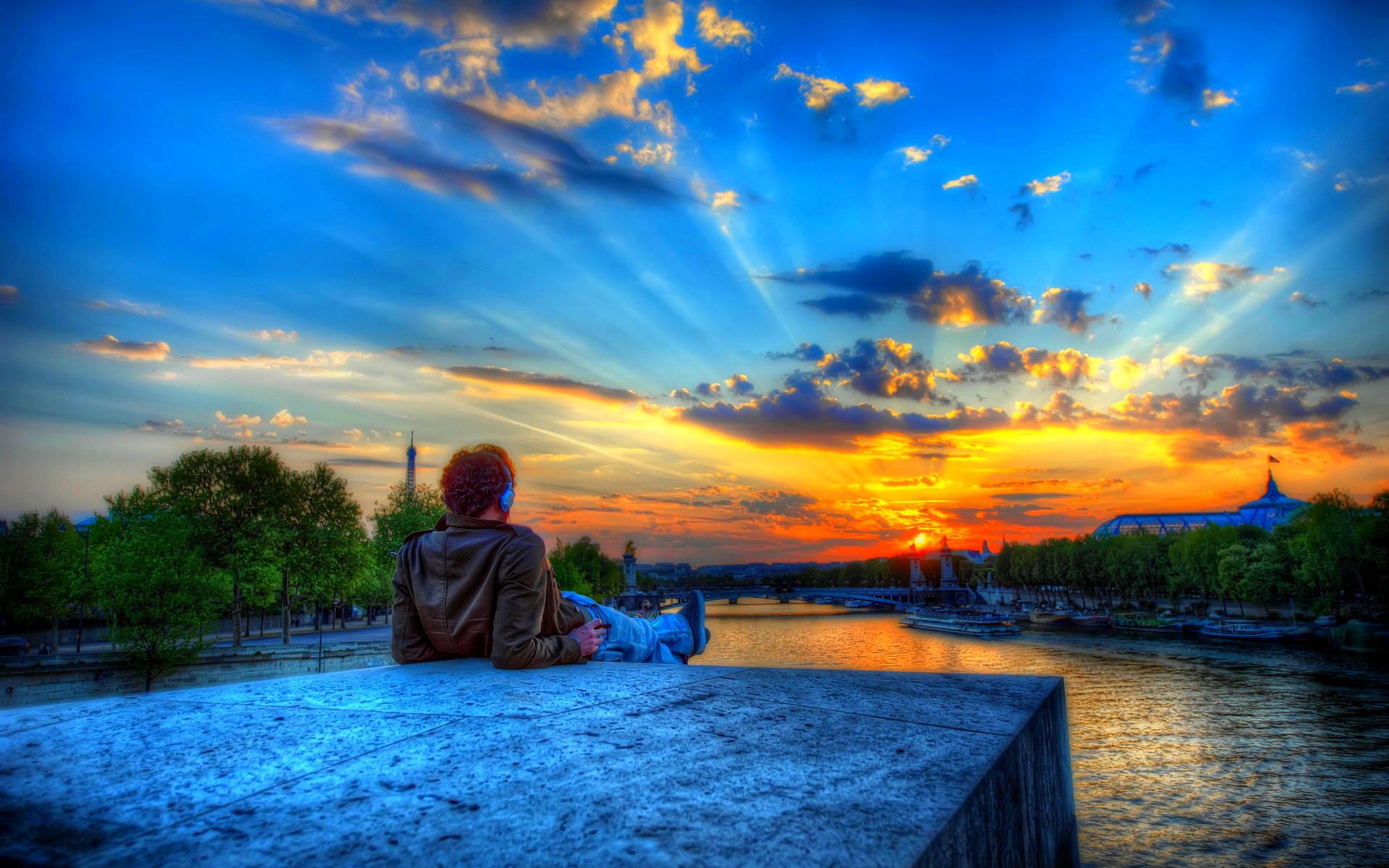 paris town sky clouds sunset kexb. river price tree stone man men tower hdr