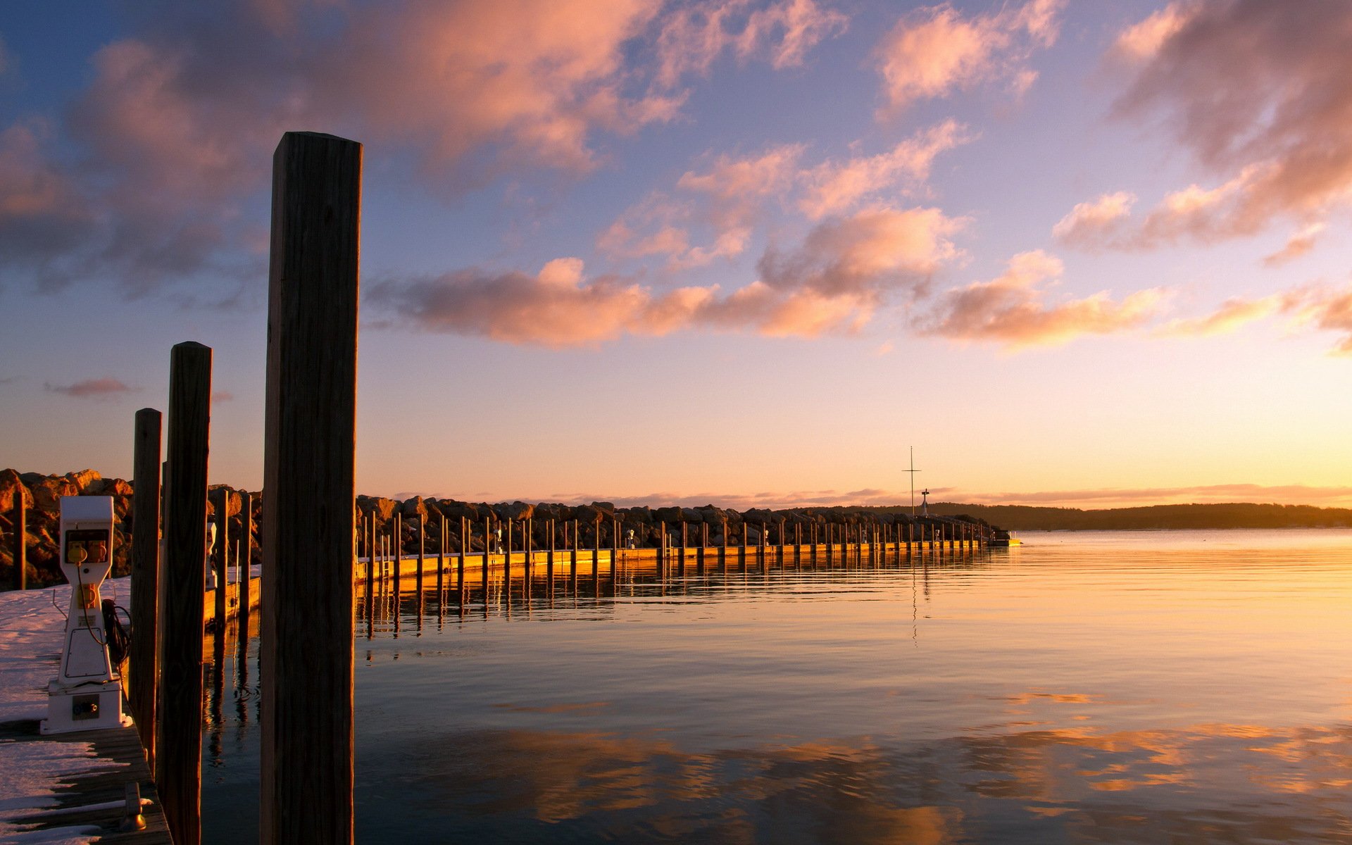 puesta de sol lago muelle paisaje