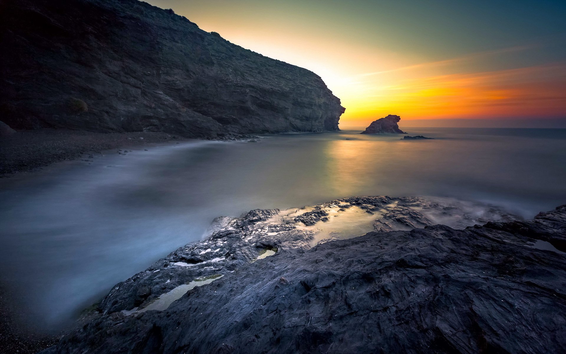 coucher de soleil mer rochers paysage