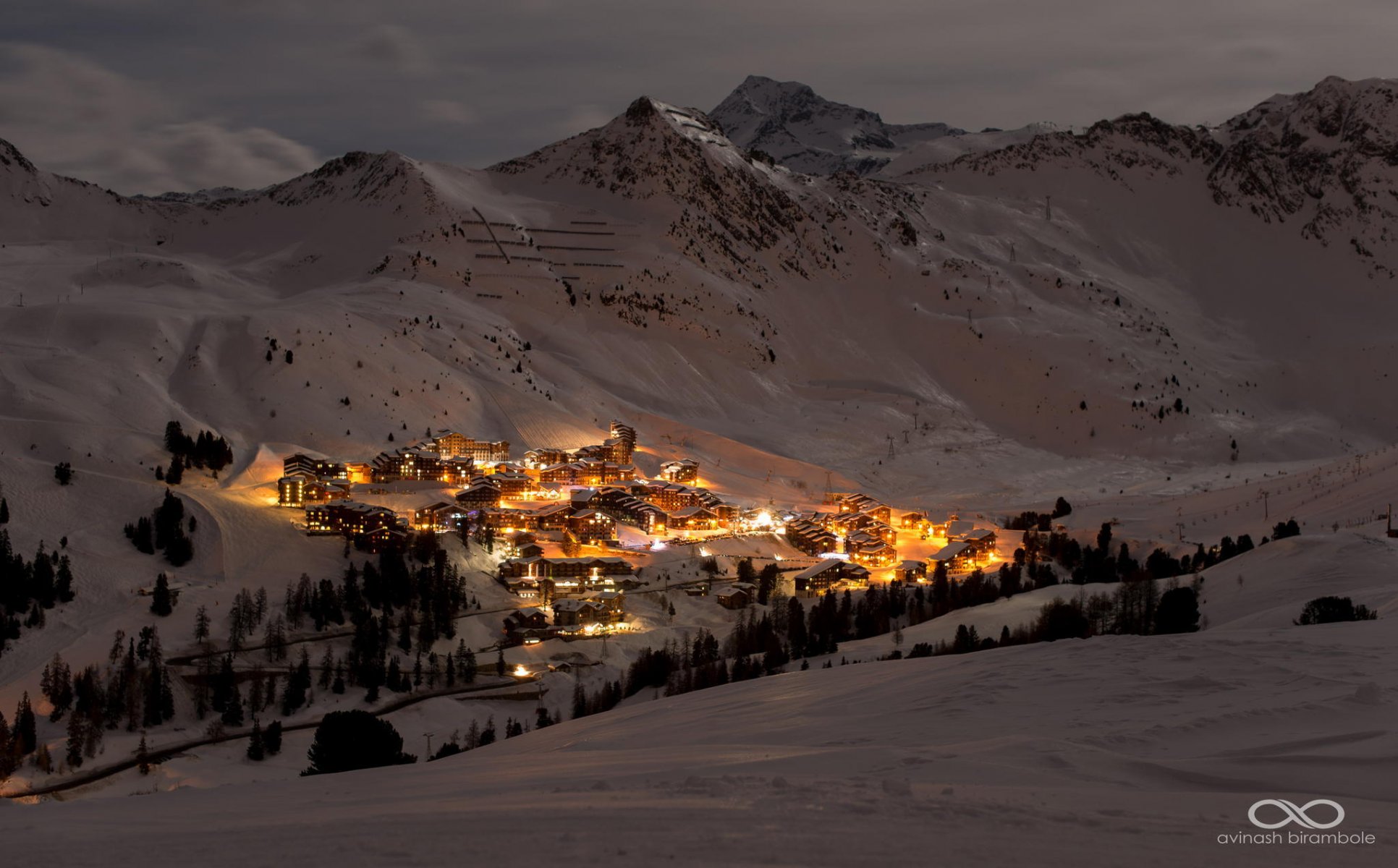 landscape night mountain valley resort winter snow light