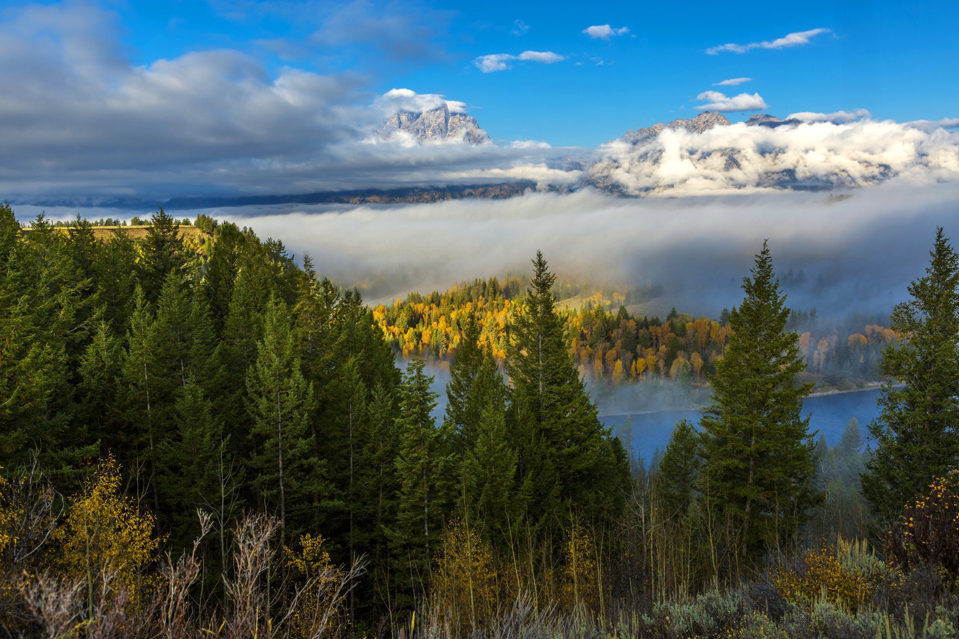 estados unidos grand teton wyoming bosque montañas nubes otoño río árboles niebla