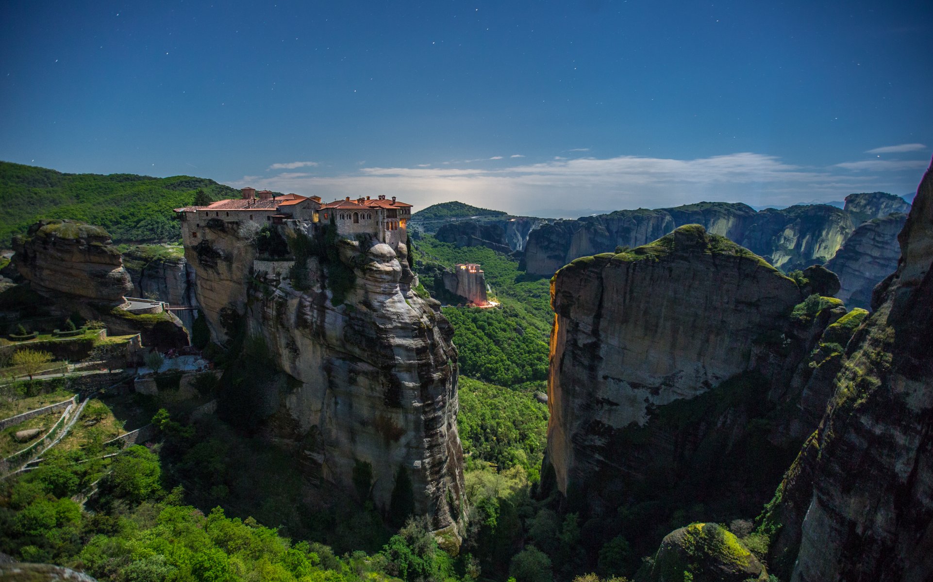 greece meteors mountain rock tree monastery