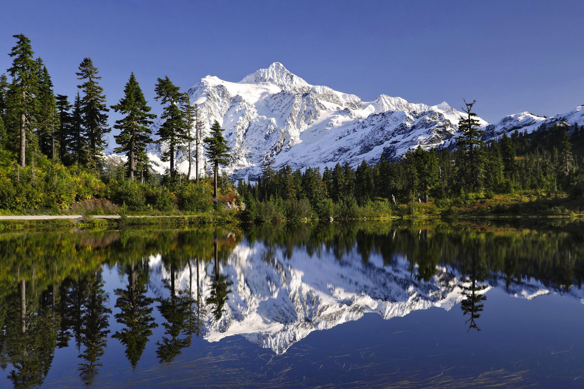 ciel montagnes lac arbres neige forêt sapin réflexion