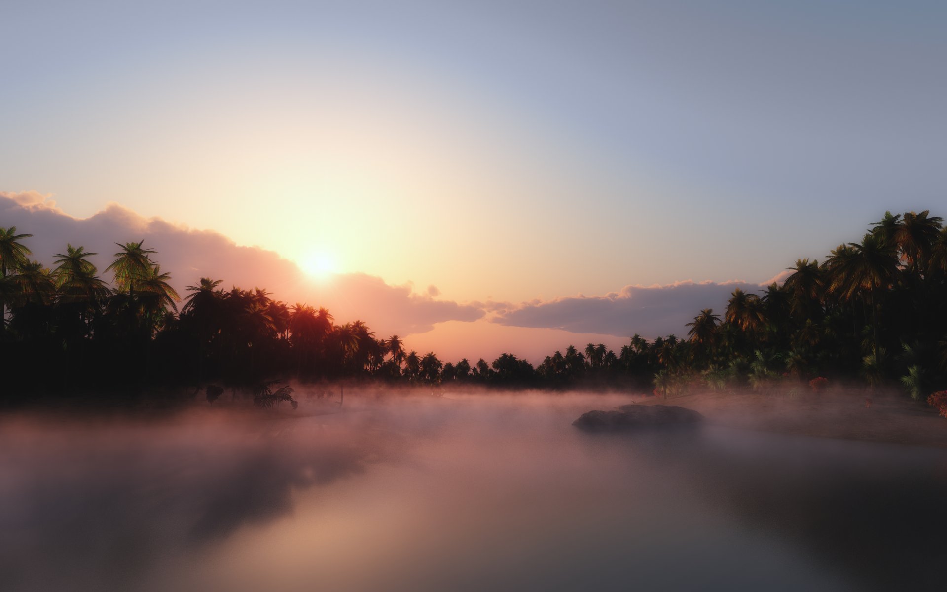 tropics palm jungle haze river