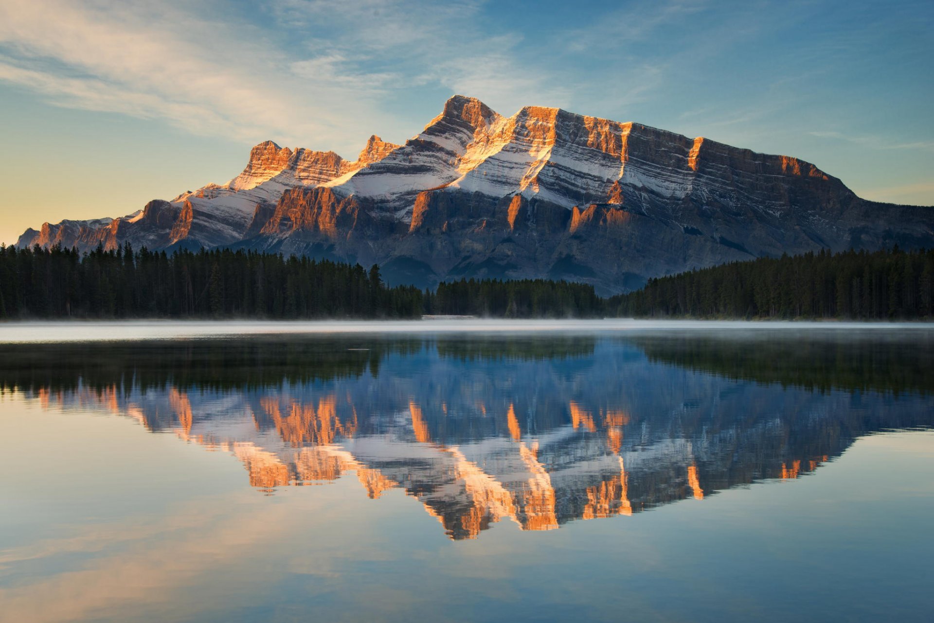 canada lake national park reflection rundle two nest mountain forest nature