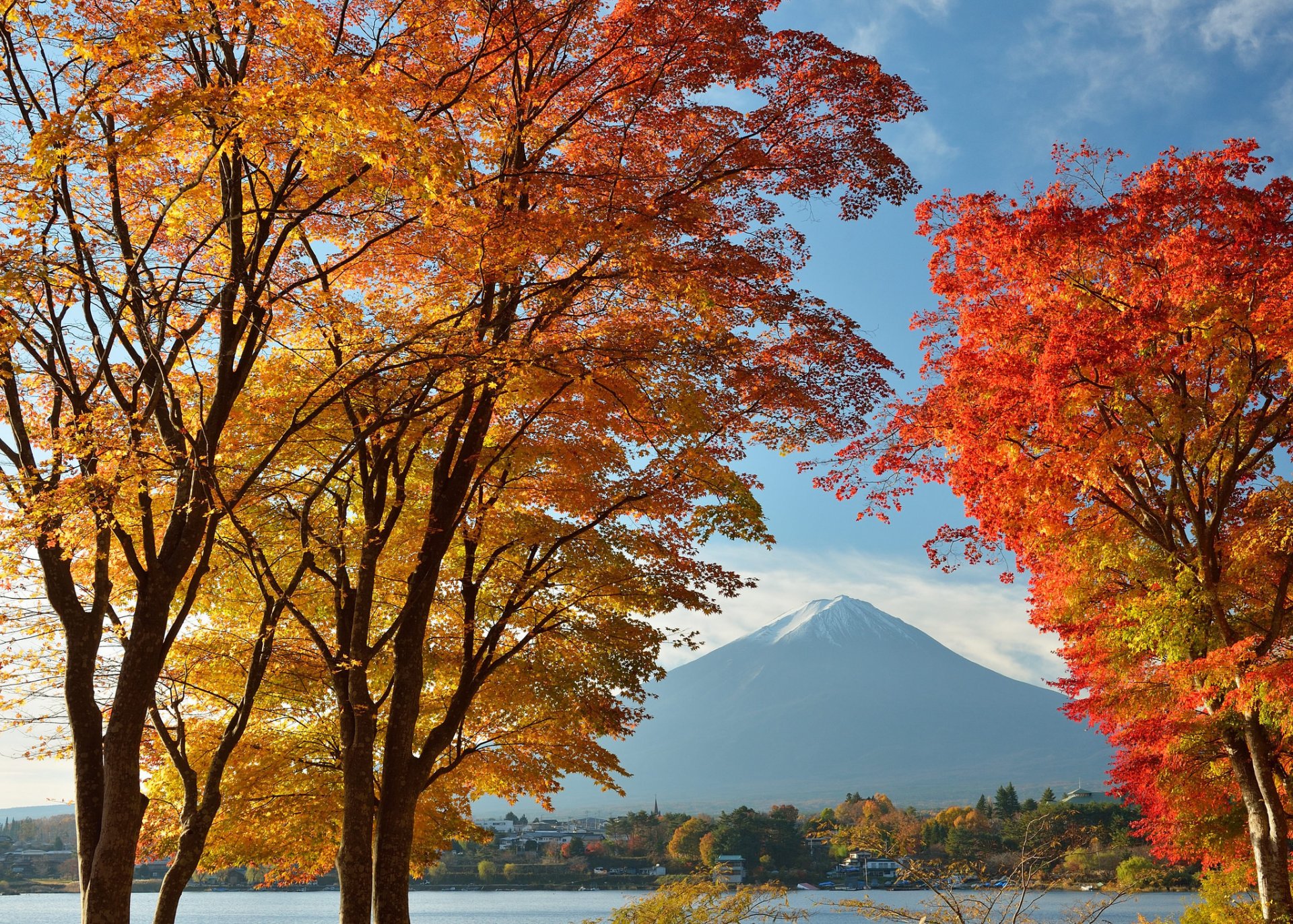 giappone monte fujiyama cielo lago alberi foglie autunno case