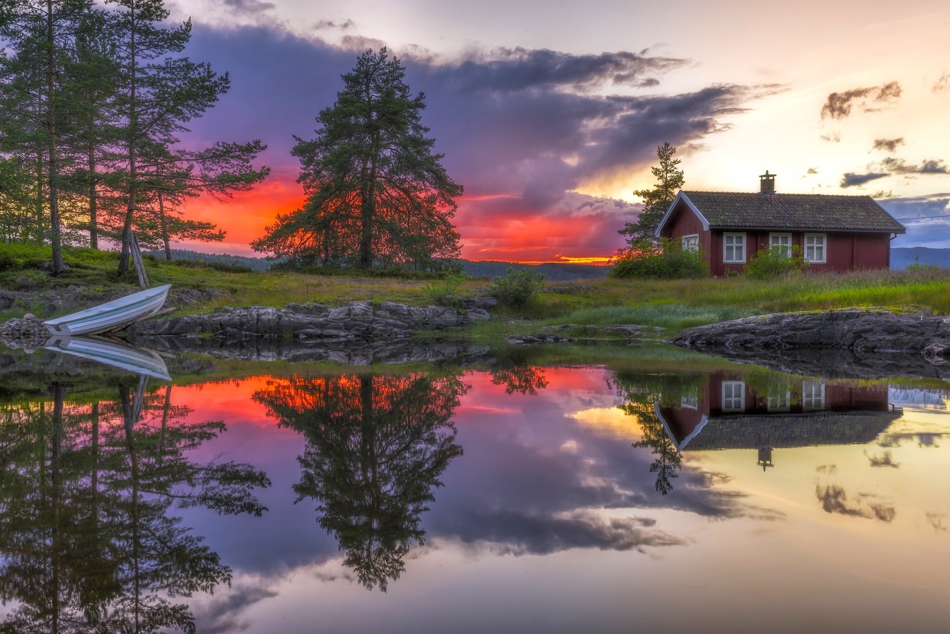 ringerike norvège lac coucher de soleil maison réflexion bateau arbres