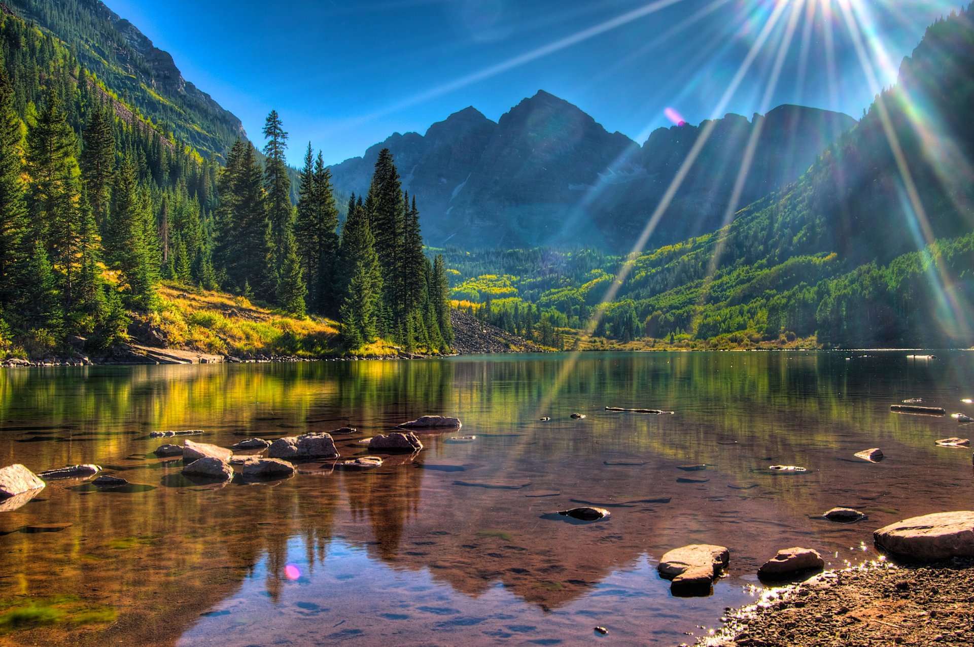 usa maroon glocken colorado see wald berge ufer steine bäume sonnenstrahlen