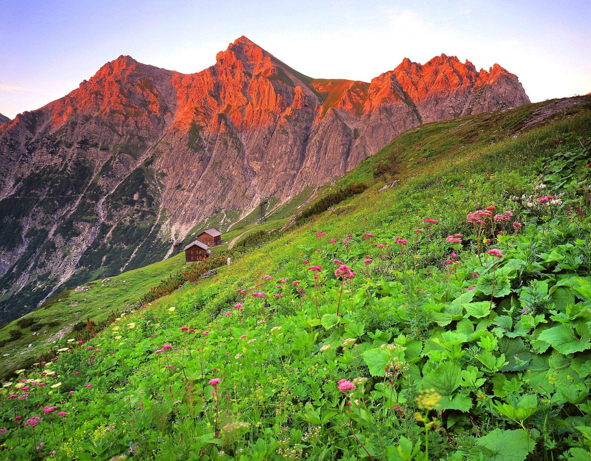 austria brandnertal niebo chmury góry kwiaty zachód słońca domek