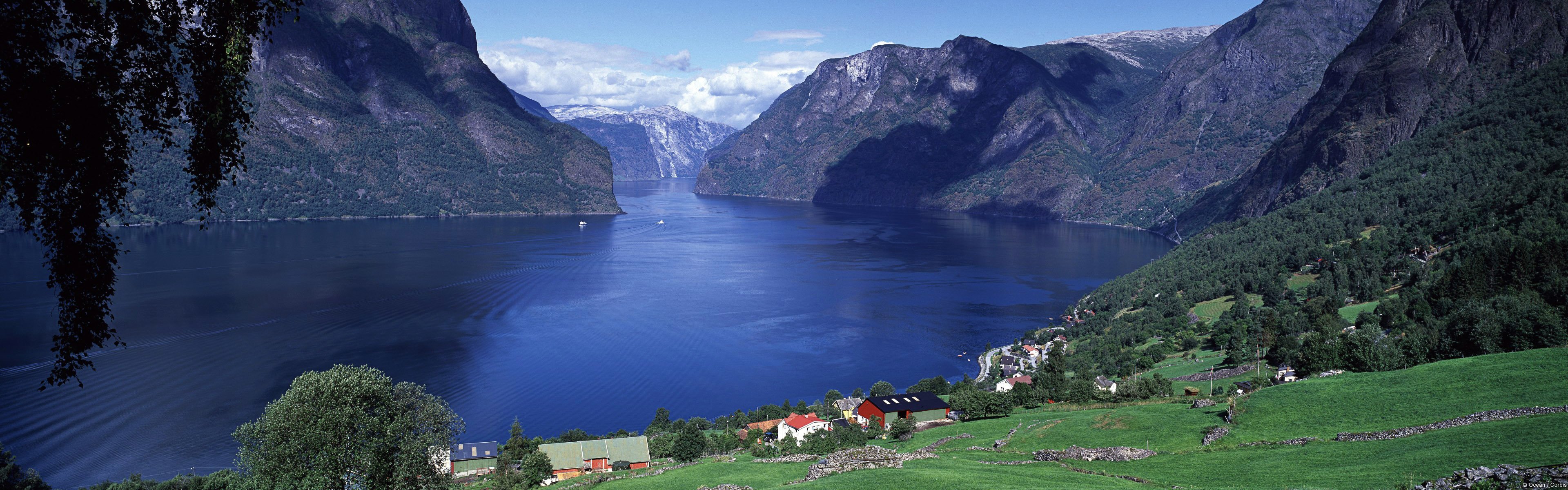 aurlannfjord noruega fiordos montañas costa casas árboles campos panorama