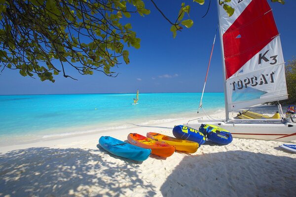 Colored catamaran on the sea beach