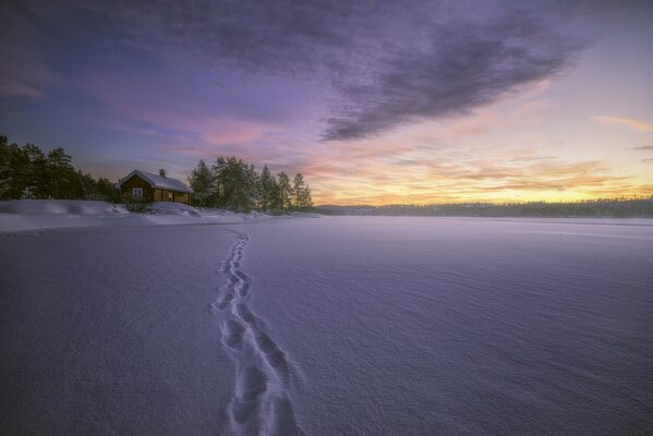 Winter landscape with a house. Footprints in the snow