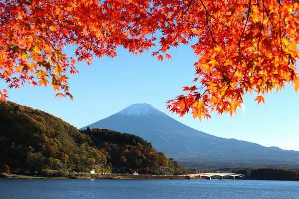 Brücke in der Nähe des Berges Fujiyama im Herbst