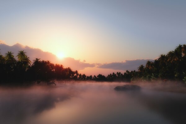 Nature. Morning fog over the river