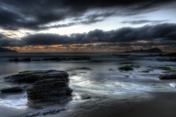 Night landscape. Sea, rocks