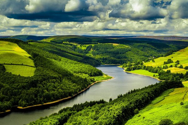 Landscape with beautiful sky river and forest