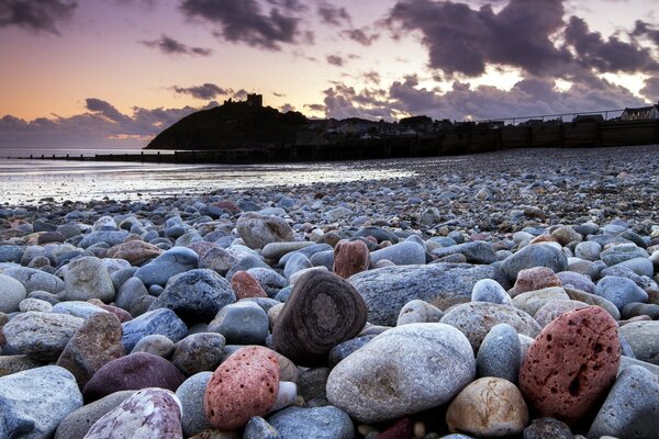 Rocky seashore at sunset