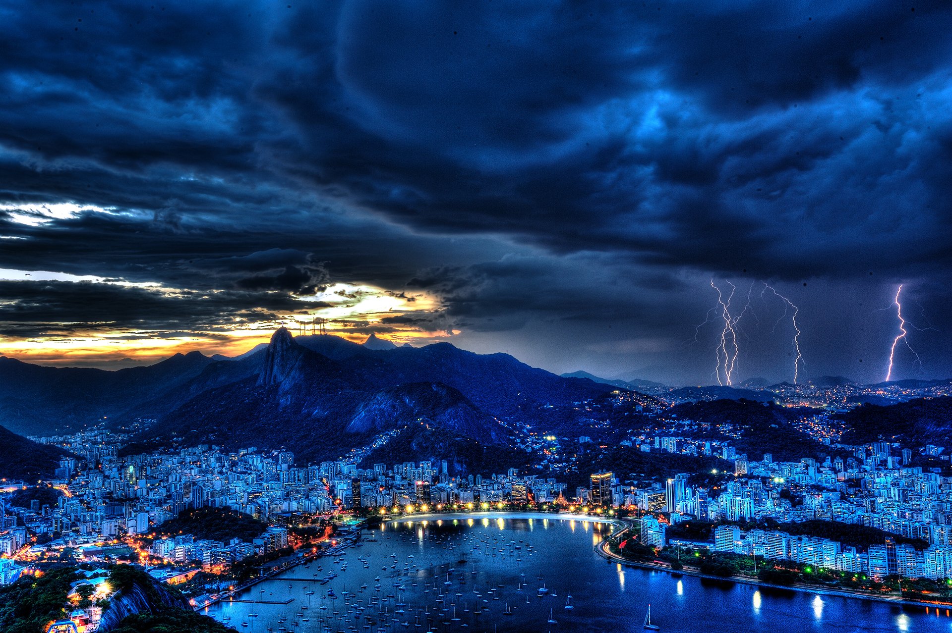 rio de janeiro brazil night sky clouds the storm lightning harbor gulf light